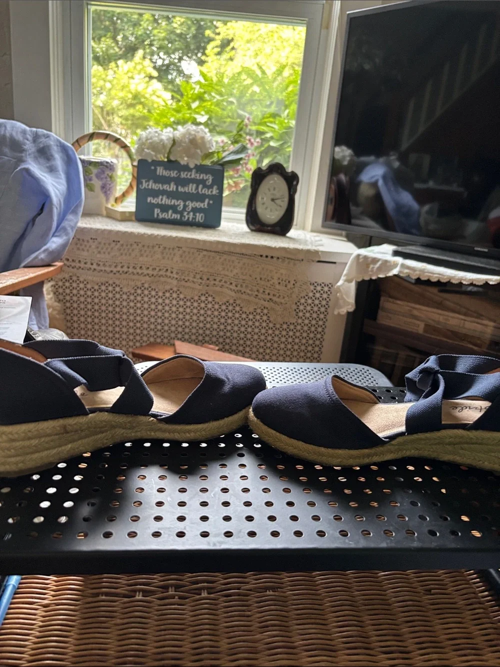 Life Stride Navy Espadrille Wedges with Bow Strap